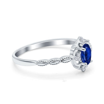 Oval Vintage Floral Engagement Ring Simulated Blue Sapphire CZ 925 Sterling Silver